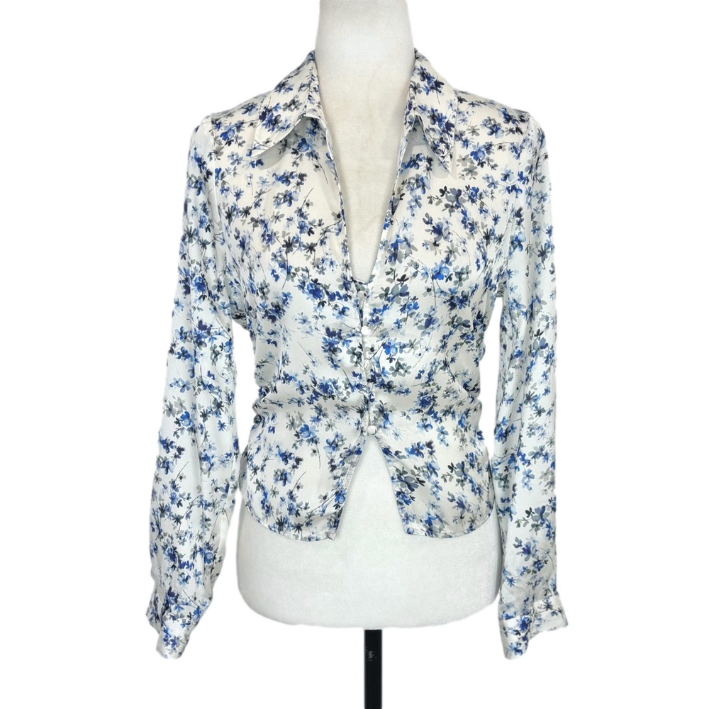 Zara white and blue floral blouse